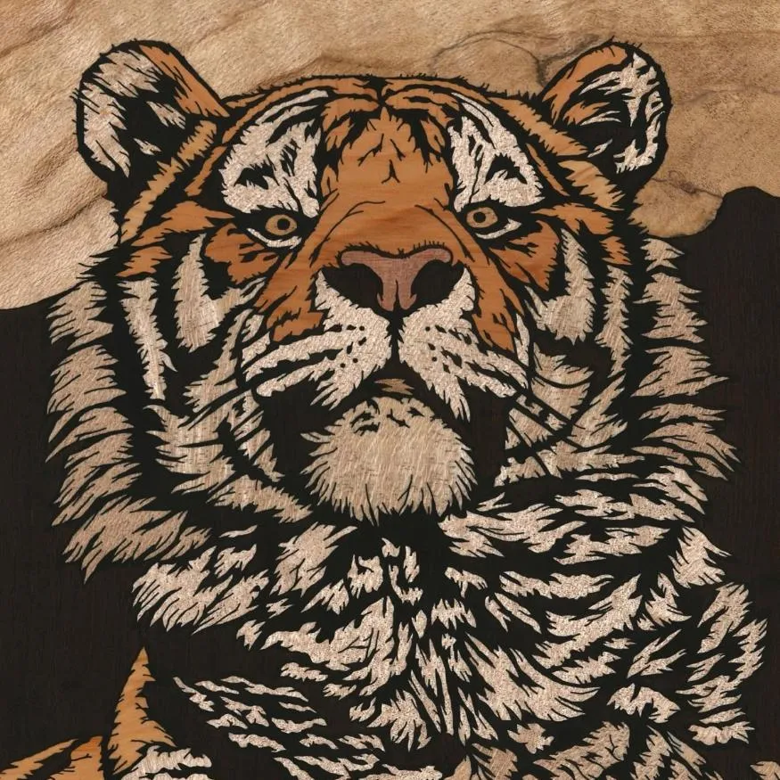 Tiger PFP #14: A tiger portrait in wood marquetry with orange, cream and dark brown striped fur stares ahead against a pale wood grain background.