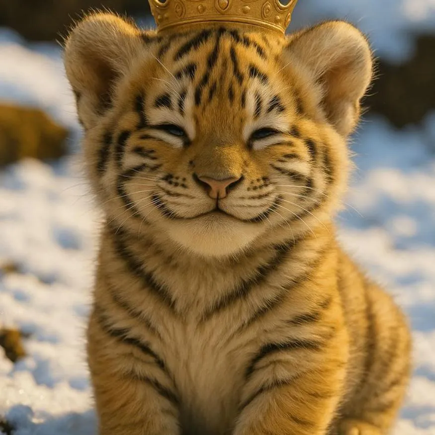 Tiger PFP #21: A golden tiger cub with closed eyes and a satisfied smile wears a small gold crown, sitting in sunlit snow.