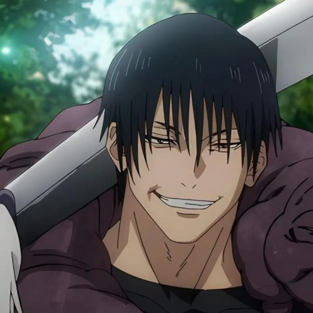 Toji PFP #10: Toji grins with a scarred lip, a large blade over his shoulder and a purple curse around his neck, against green trees.