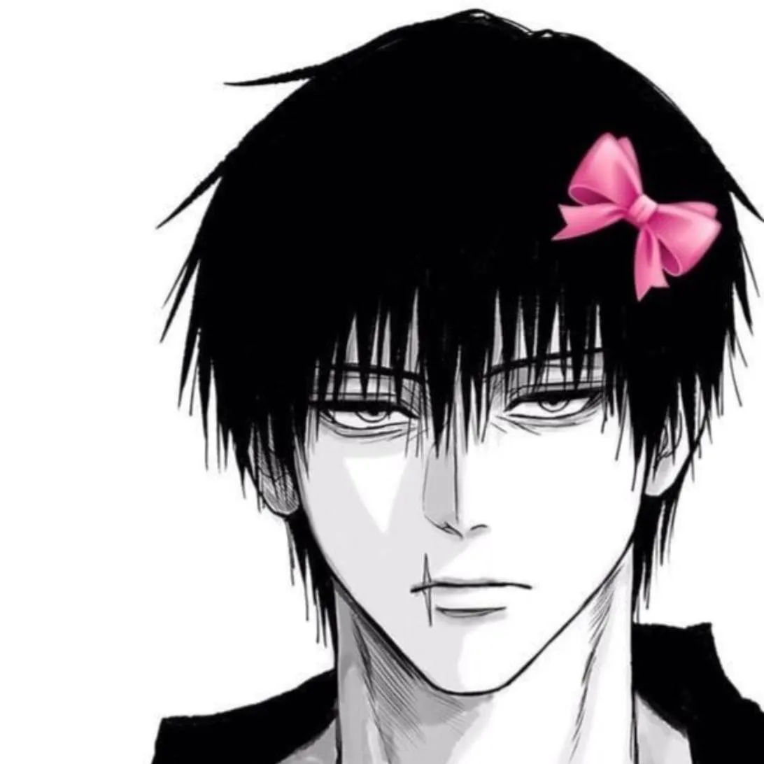 Toji PFP #11: A black and white manga drawing of Toji with shaggy black hair, a scar on his lip and a pink bow in his hair.