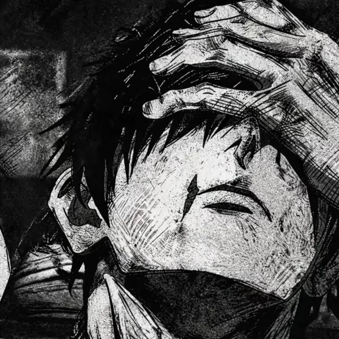 Toji PFP #12: A grainy black and white manga panel of Toji tilting his head back with one large hand pressed over his eyes.
