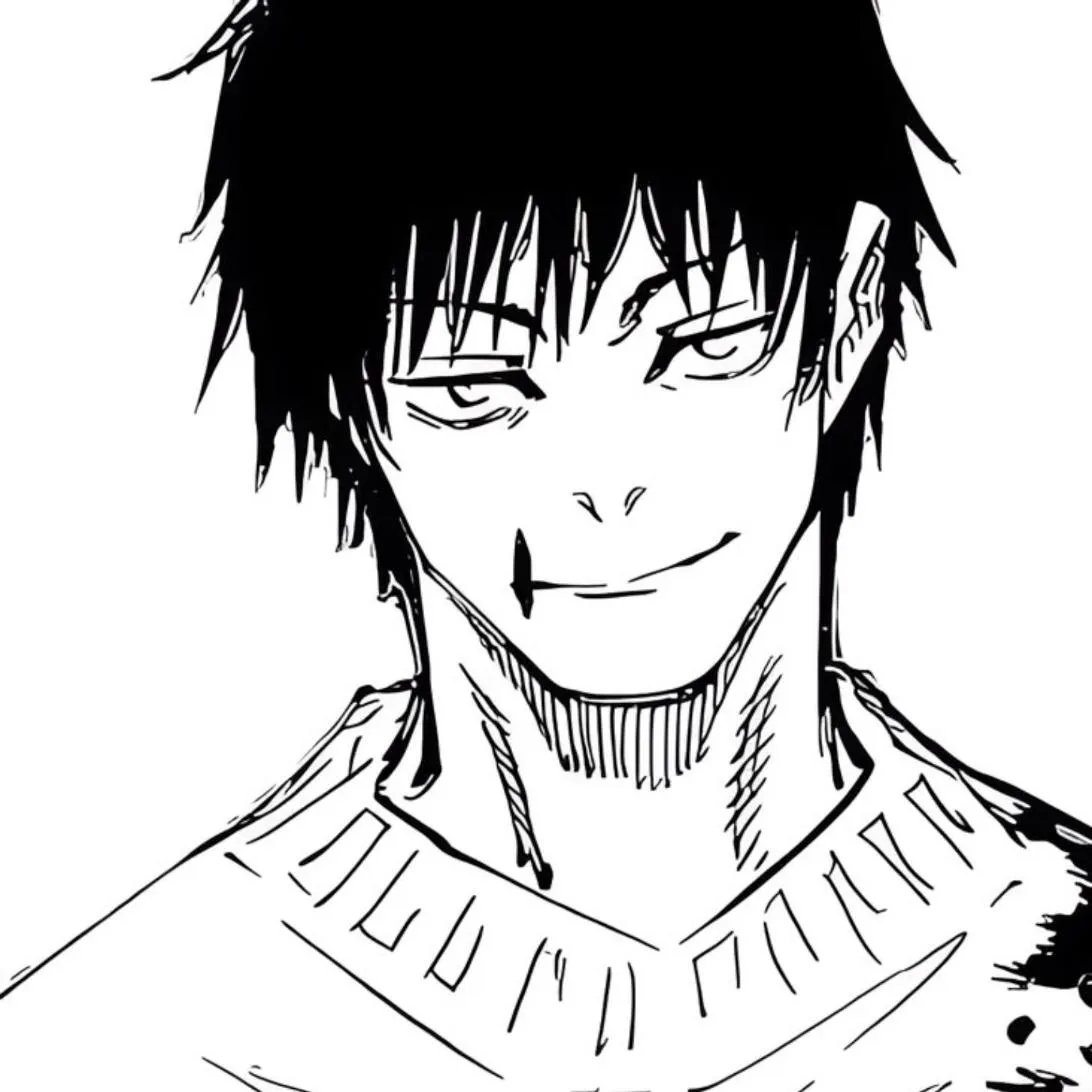 Toji PFP #13: A manga sketch of Toji smirking sideways with spiky black hair, a scar at his mouth and a loose ribbed sweater.