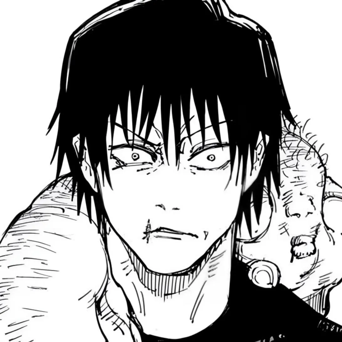 Toji PFP #14: Toji stares wide eyed in a black shirt while his pale worm like curse coils around his shoulders, drawn in manga ink.