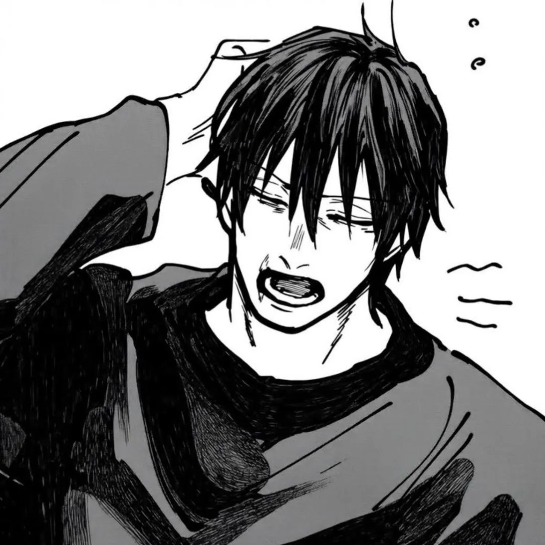 Toji PFP #15: A grey toned manga drawing of Toji in a dark sweater scratching his messy hair with an open mouth and an awkward look.