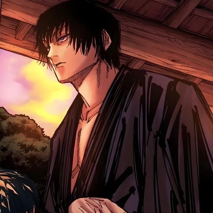 Toji PFP #18: A coloured manga panel of Toji in a loose dark robe standing under a wooden eave with a pink and yellow sunset behind.