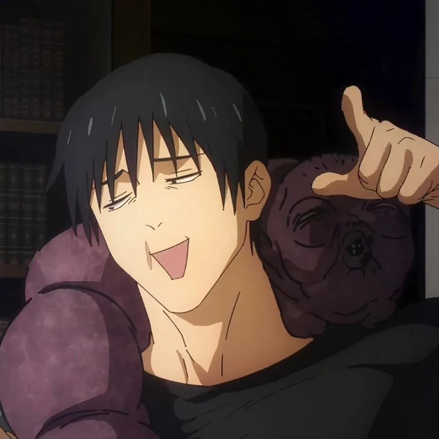 Toji PFP #19: Toji laughs with his eyes half closed and points a finger up as his purple worm curse rests on his shoulders in a dim room.
