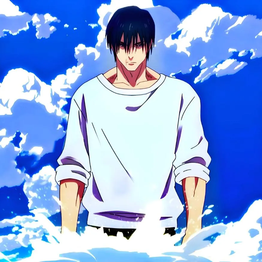 Toji PFP #20: Toji in a loose white sweater with rolled sleeves stands among white clouds and splashing water against a deep blue sky.