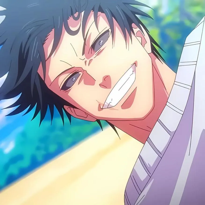 Toji PFP #21: Toji with grey eyes tilts his head and flashes a wide toothy grin in a lilac top against a blurred beach.