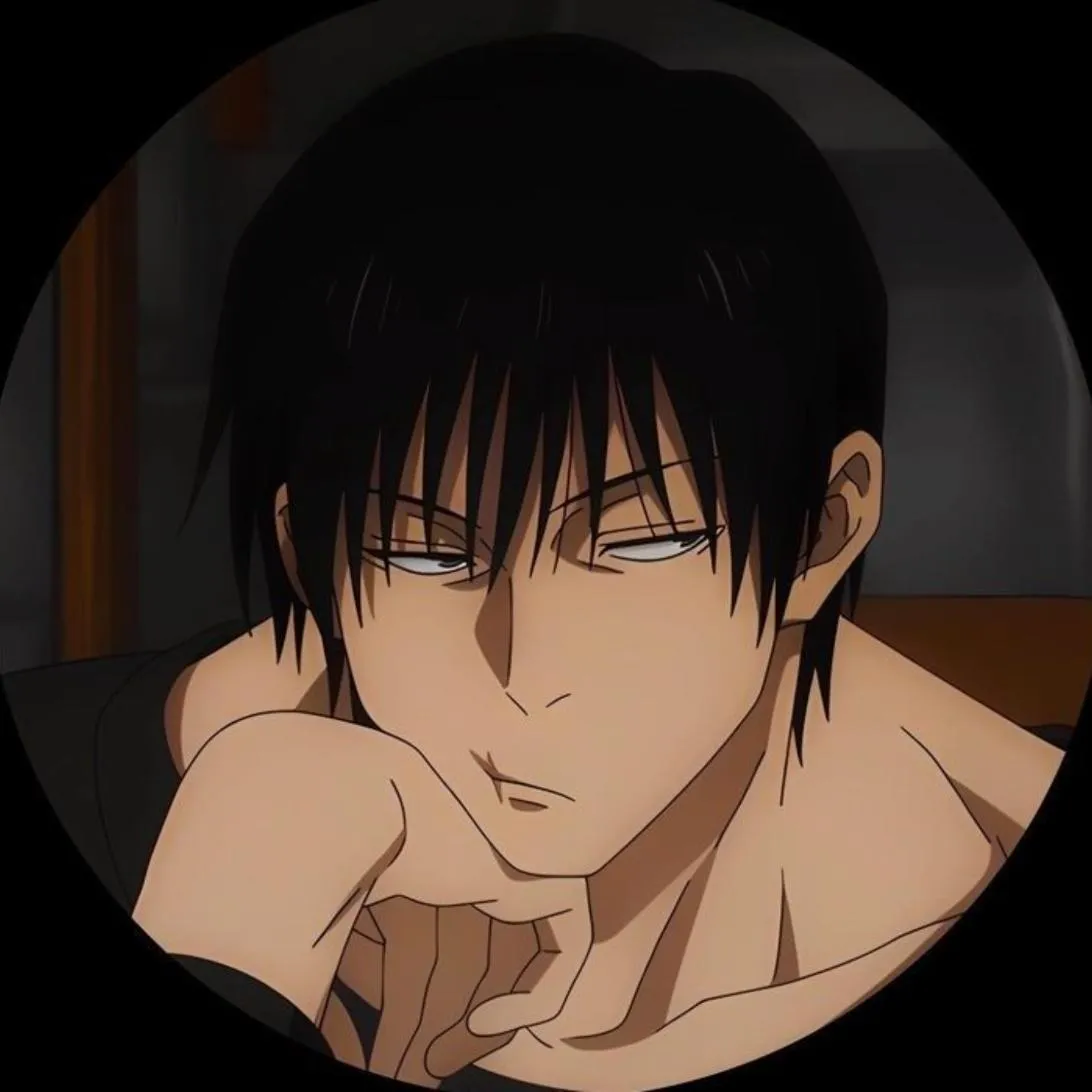 Toji PFP #9: Toji with messy black hair and a bored half lidded look rests his chin on his hand, bare shouldered, in a round dark frame.