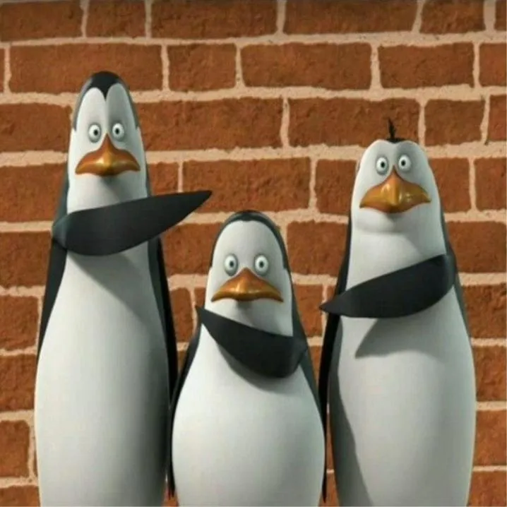 Trio PFP #16: Three of the Penguins of Madagascar stand in a row, wide eyed with orange beaks, in front of a red brick wall.