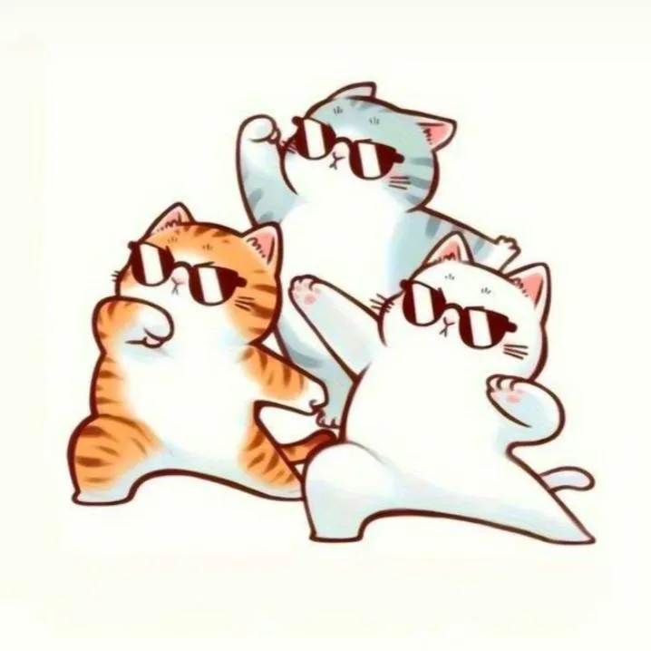 Trio PFP #19: Three cartoon cats, ginger, grey and white, strike a dance pose together in dark sunglasses on a cream background.