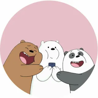 Trio PFP #20: Grizzly and Panda laugh as they hug a calm Ice Bear holding a phone inside a pale pink circle.