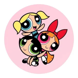 Trio PFP #22: Bubbles, Blossom and Buttercup from The Powerpuff Girls cuddle together in a pink circle, Bubbles waving on top with a big smile.