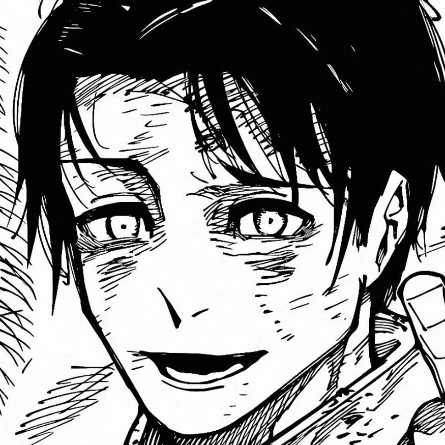Yuta PFP #10: A close up manga drawing of Yuta grinning with wide staring eyes and heavy shading, his messy black hair falling over his face.
