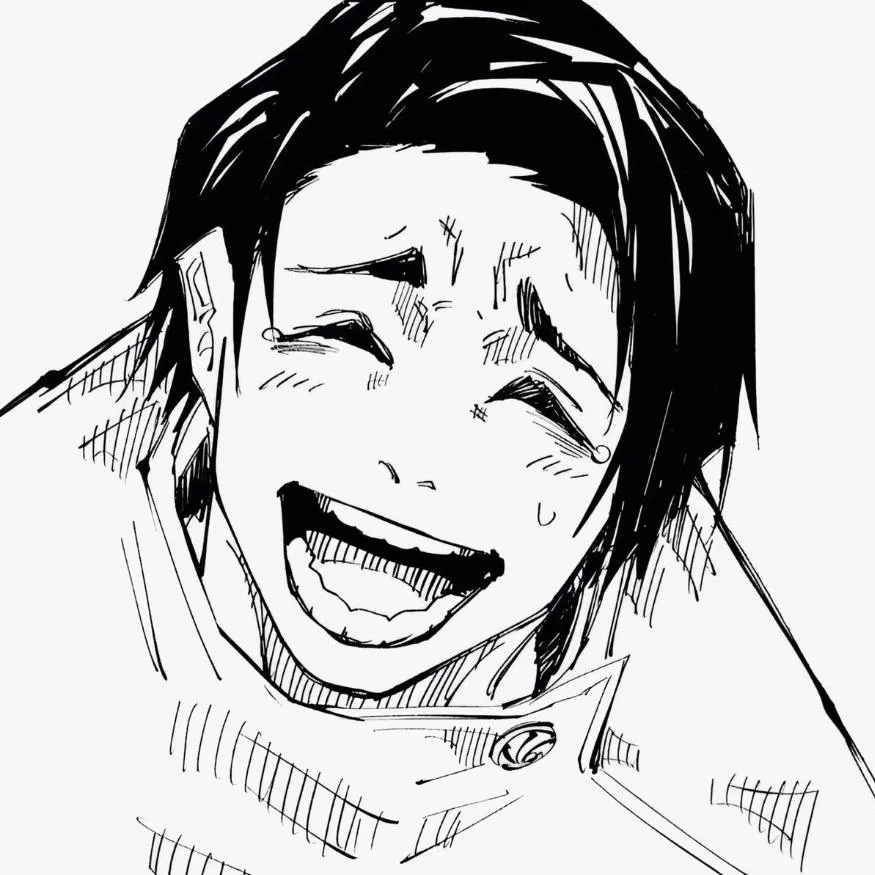 Yuta PFP #12: A manga sketch of Yuta laughing with one eye shut, a tear on his cheek and a sweat drop on his flushed face.