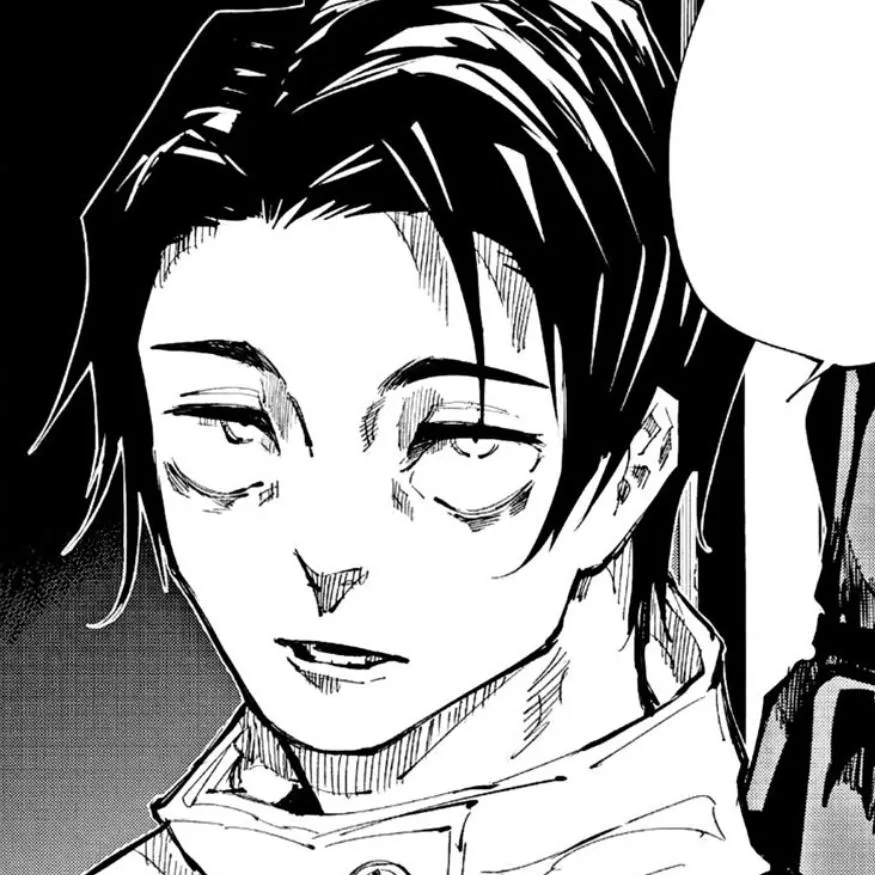 Yuta PFP #13: Yuta gives a faint smile with dark tired circles under his eyes and long bangs, drawn in grey screentone manga shading.