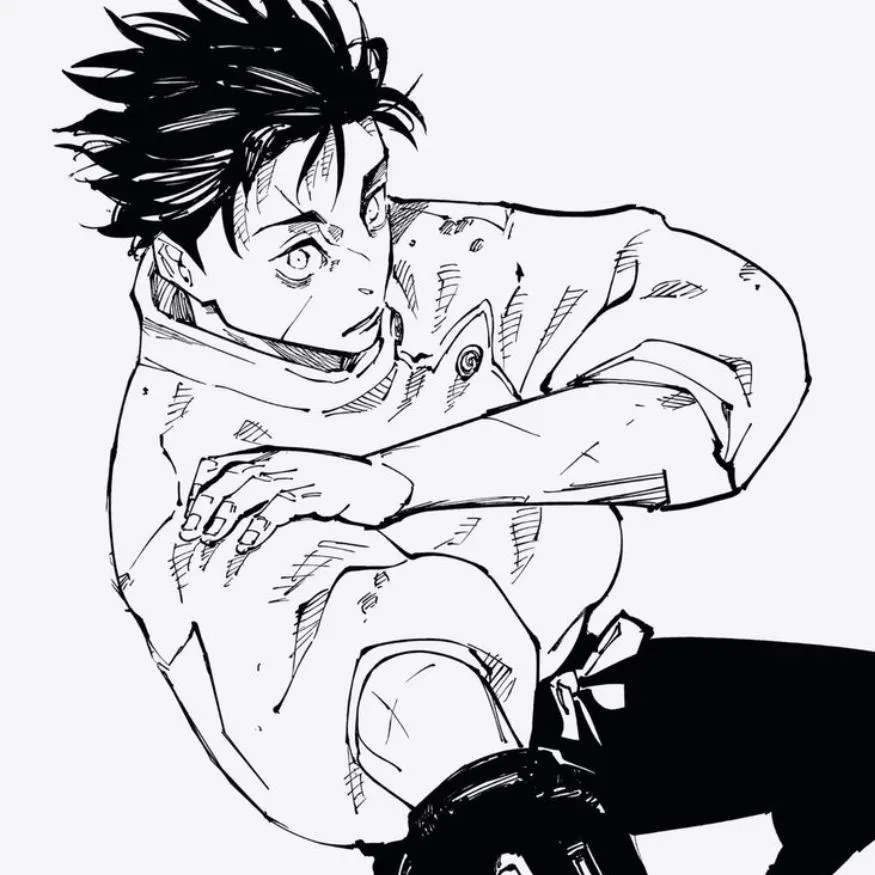 Yuta PFP #14: A loose manga sketch of Yuta crouching low in his white uniform with spiky windswept hair and a scratched face.