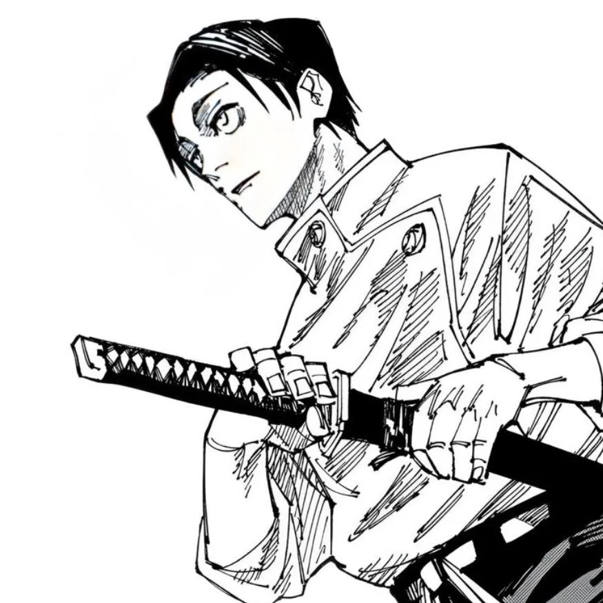 Yuta PFP #15: A manga drawing of Yuta in his white uniform glancing back as he grips a katana with a wrapped hilt in both hands.