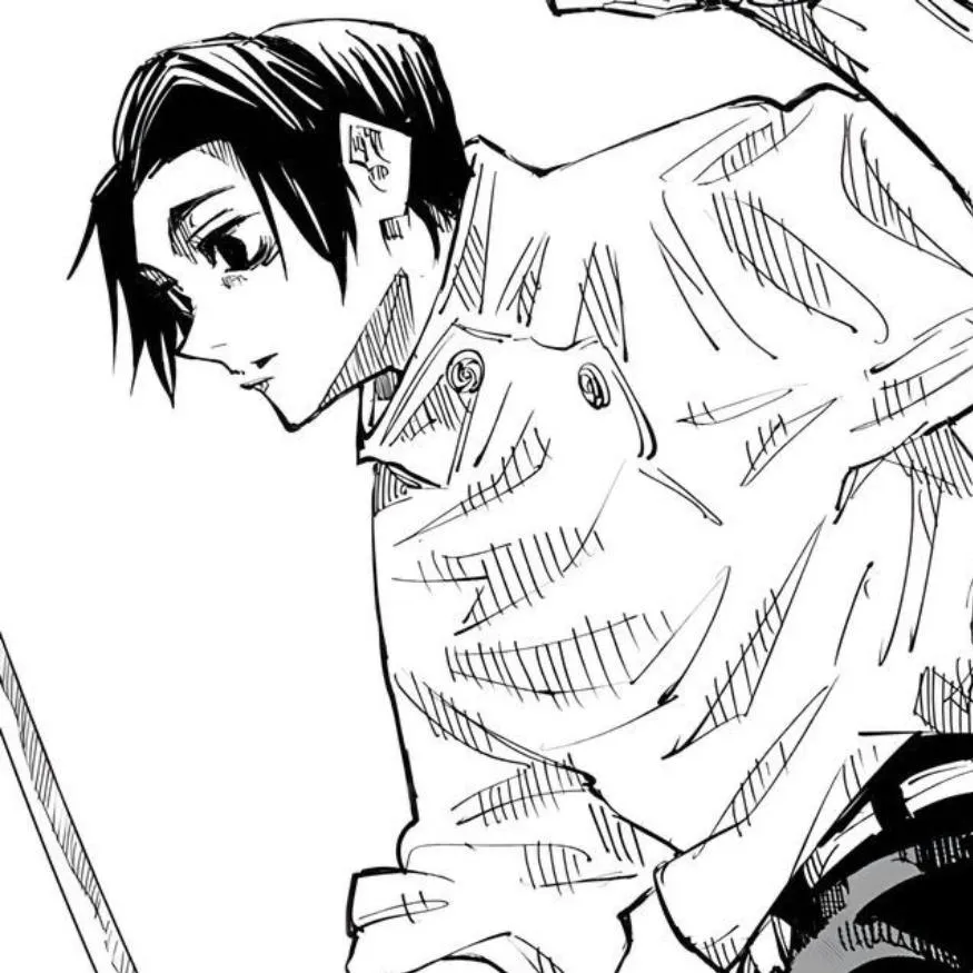 Yuta PFP #16: A manga sketch of Yuta tilting his head down with a calm, shadowed face in his white uniform, a sword held low beside him.