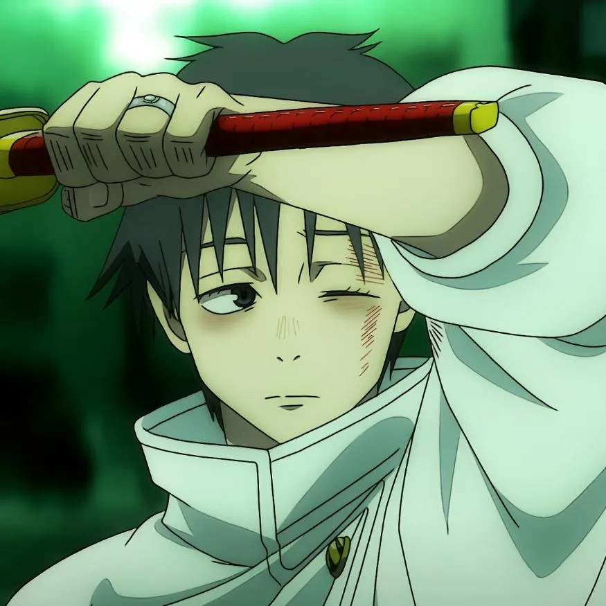Yuta PFP #17: Yuta squints one eye shut with a bruised cheek as he holds a red sword sheath across his forehead against a green glow.