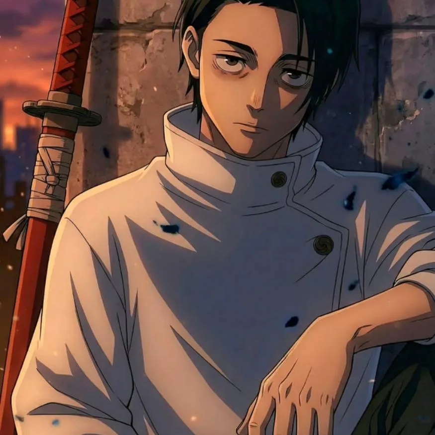 Yuta PFP #18: Yuta in his white uniform sits against a wall with a tired stare beside a red sheathed katana under an orange evening sky.