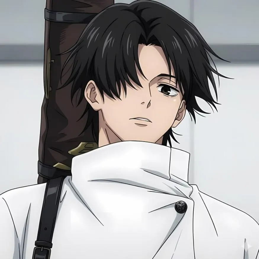 Yuta PFP #19: Yuta with black hair over one eye looks ahead calmly in his white high collared uniform, a dark sword case strapped to his back.