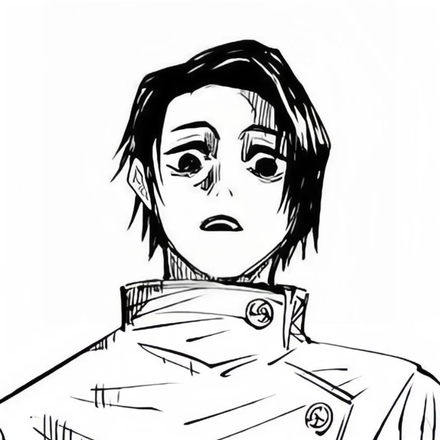 Yuta PFP #9: A manga sketch of Yuta with wide round eyes and a startled open mouth, wearing his high collared Jujutsu High uniform.